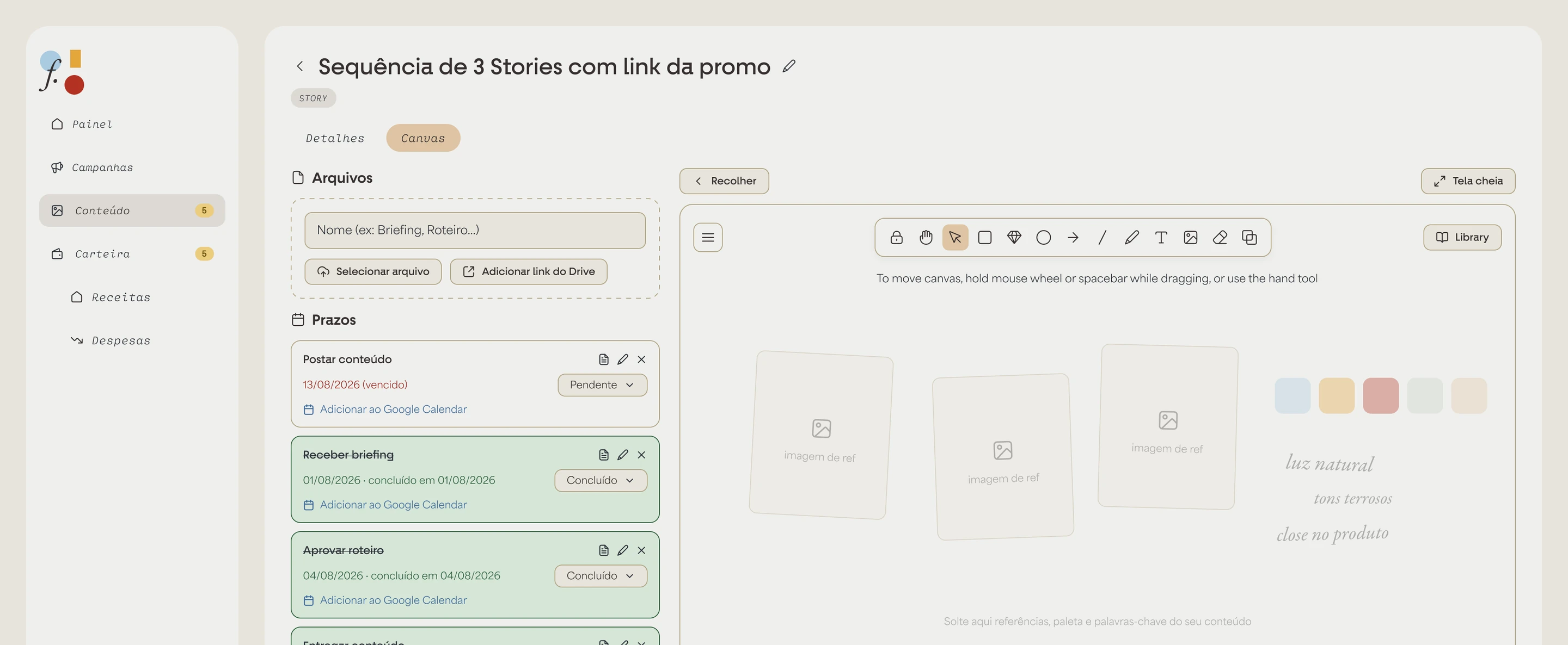 Detalhe de um conteúdo na Folio: anexos, um prazo por etapa e o canvas de referências